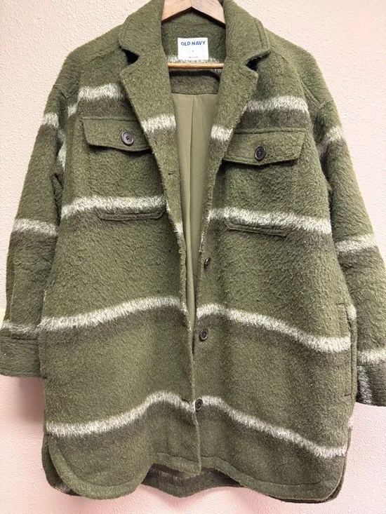 Old Navy Olive Green Striped Fuzzy Shacket Jacket - Picture 1 of 4